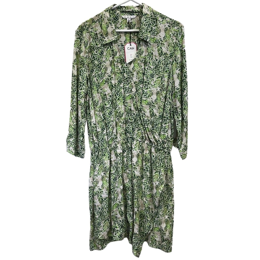 CAbi NWT Green Leaf Print Womens Faux Wrap 3/4 Sleeve‎ V-Neck Shirtdress Medium